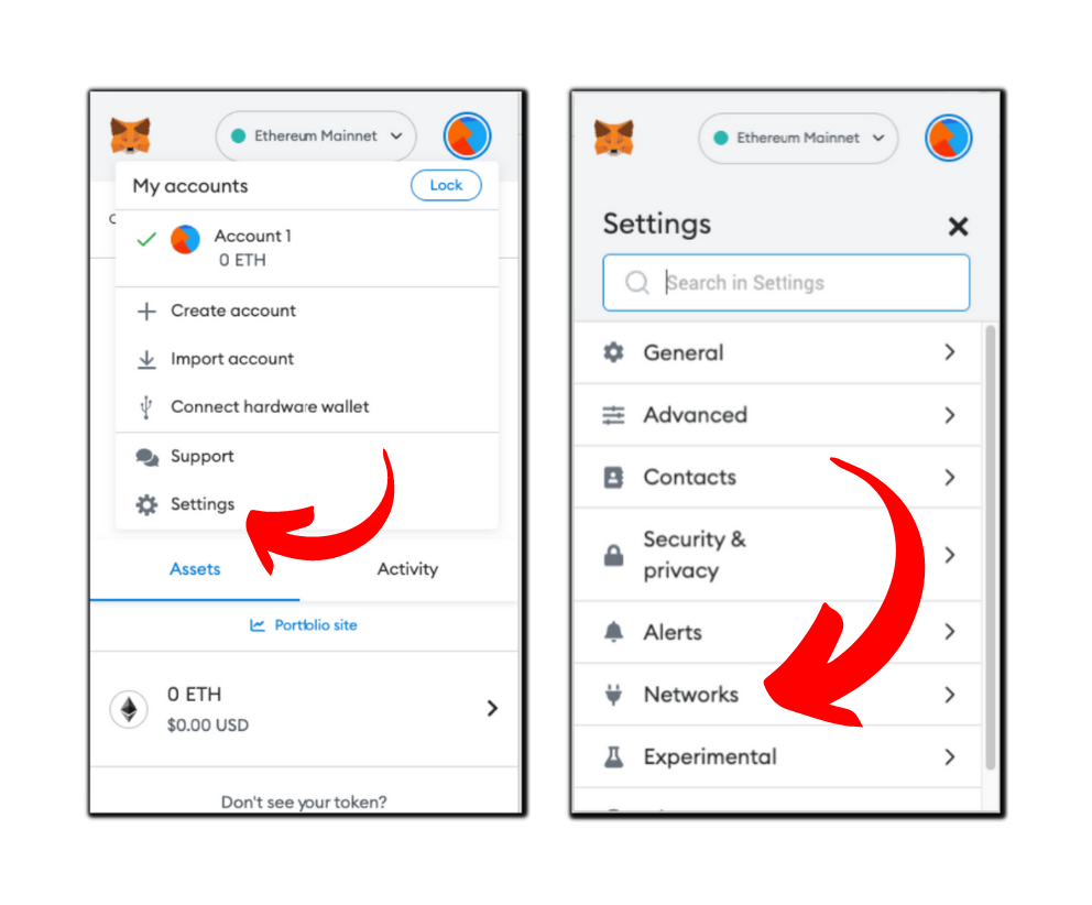 Clicking on the MetaMask extension settings and Network settings