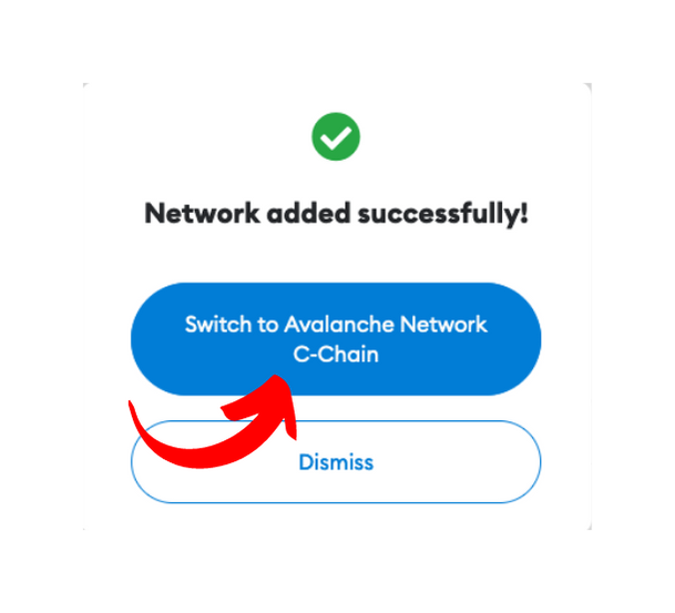 Avalanche added successfully in MetaMask, switch to the network