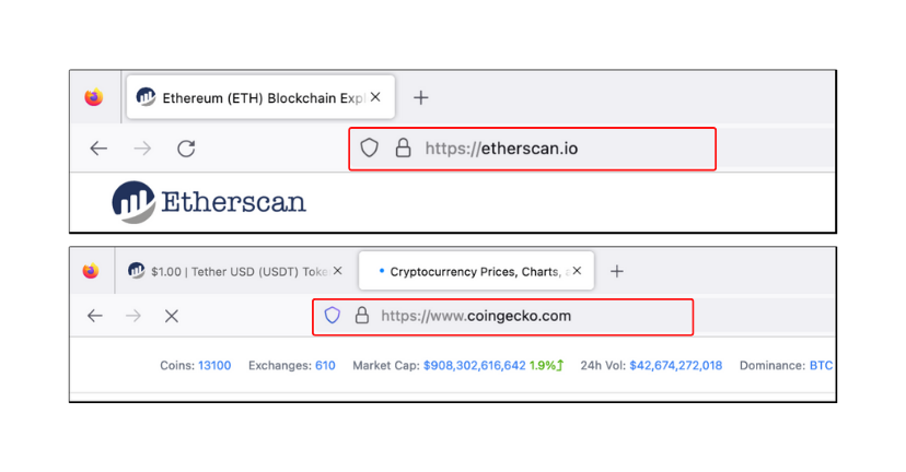 Etherscan and Coingecko website