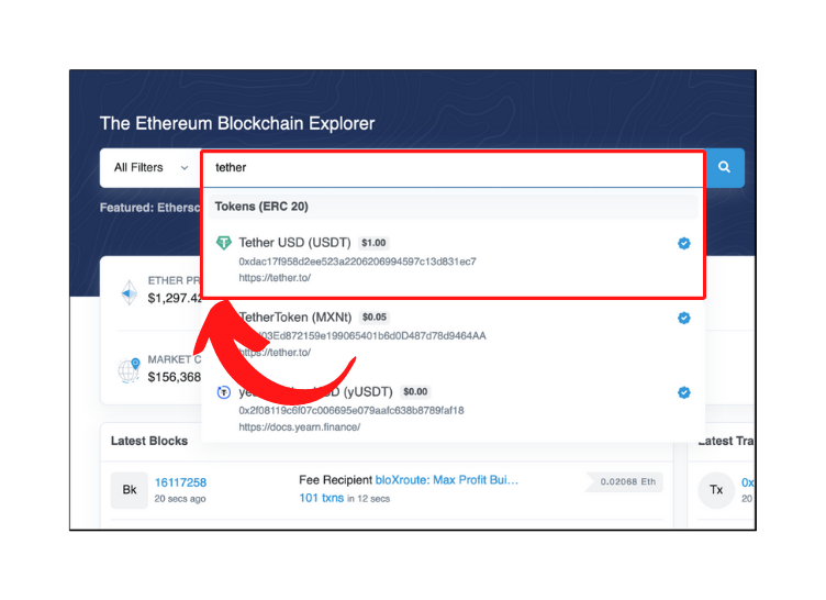 Searching tokens on Etherscan