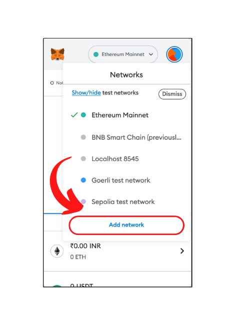 Add network button in MetaMask