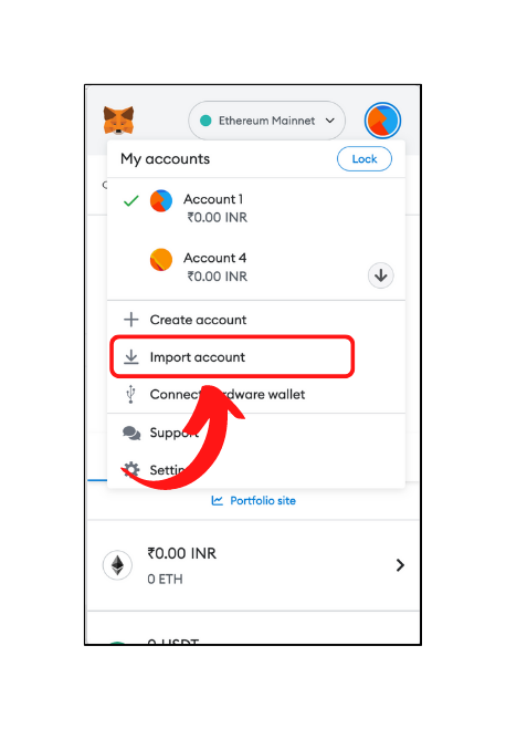 Import account button in MetaMask
