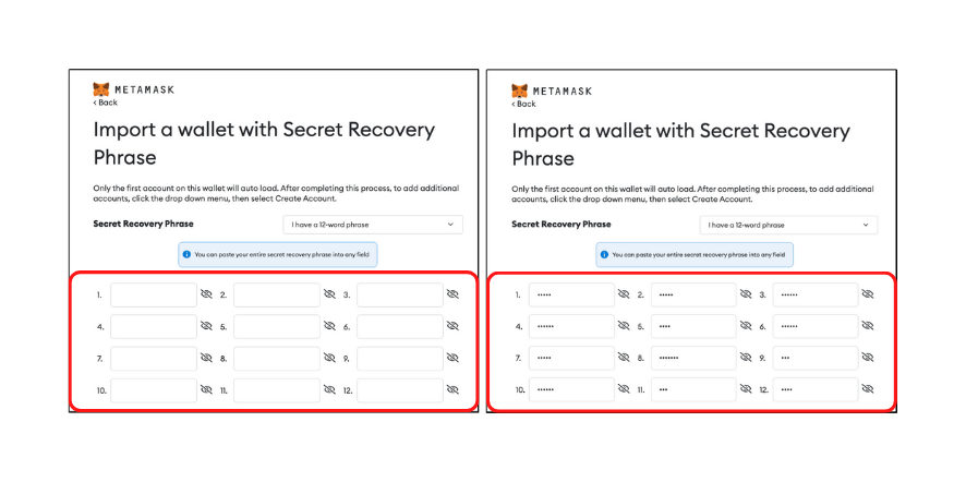 Input secret recovery phrase in MetaMask to import wallet