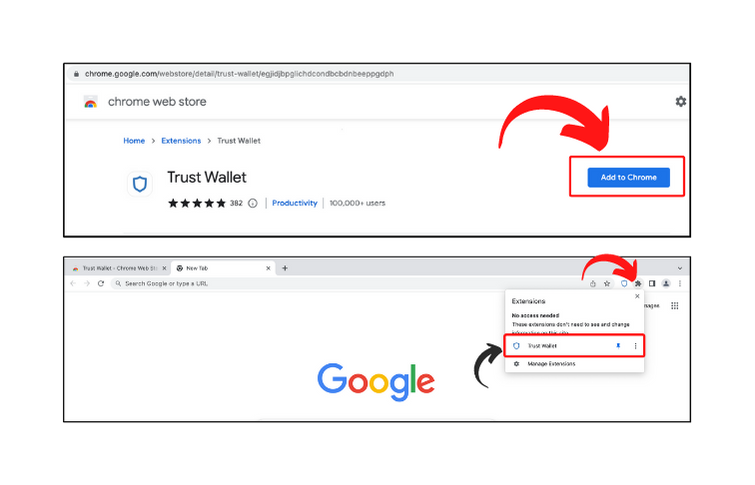 Procedure of installing and pinning the Trust wallet extension on browser with screenshots