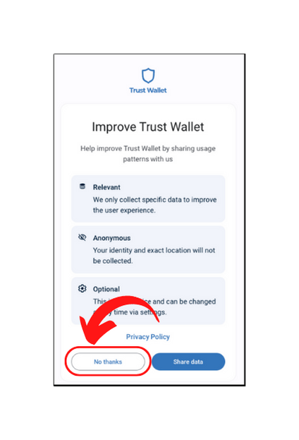 A screenshot of data sharing permission asked by trust wallet while setting up