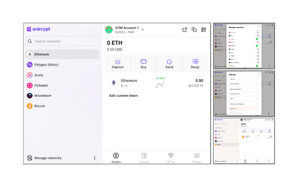 One large screenshot and three small screenshots showing different aspects of Enkrypt wallet