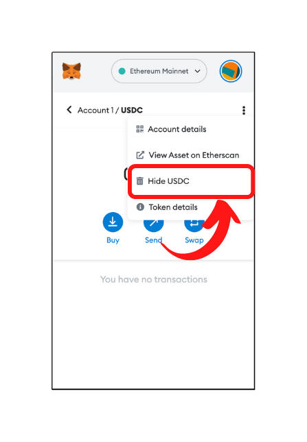A screenshot that shows the MetaMask token settings and points towards removing the token from MetaMask