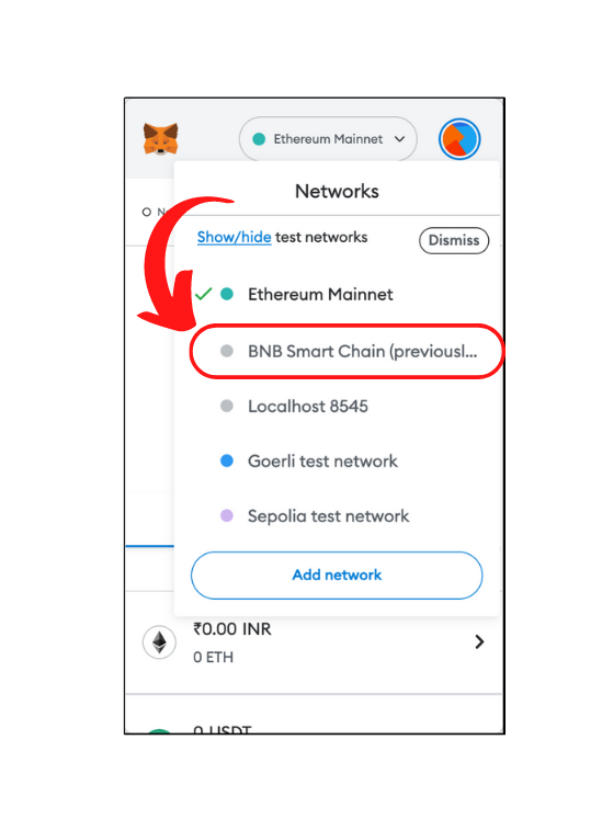 MetaMask extension screenshot showing networks in MetaMask while highlighting Binance smart chain network among those