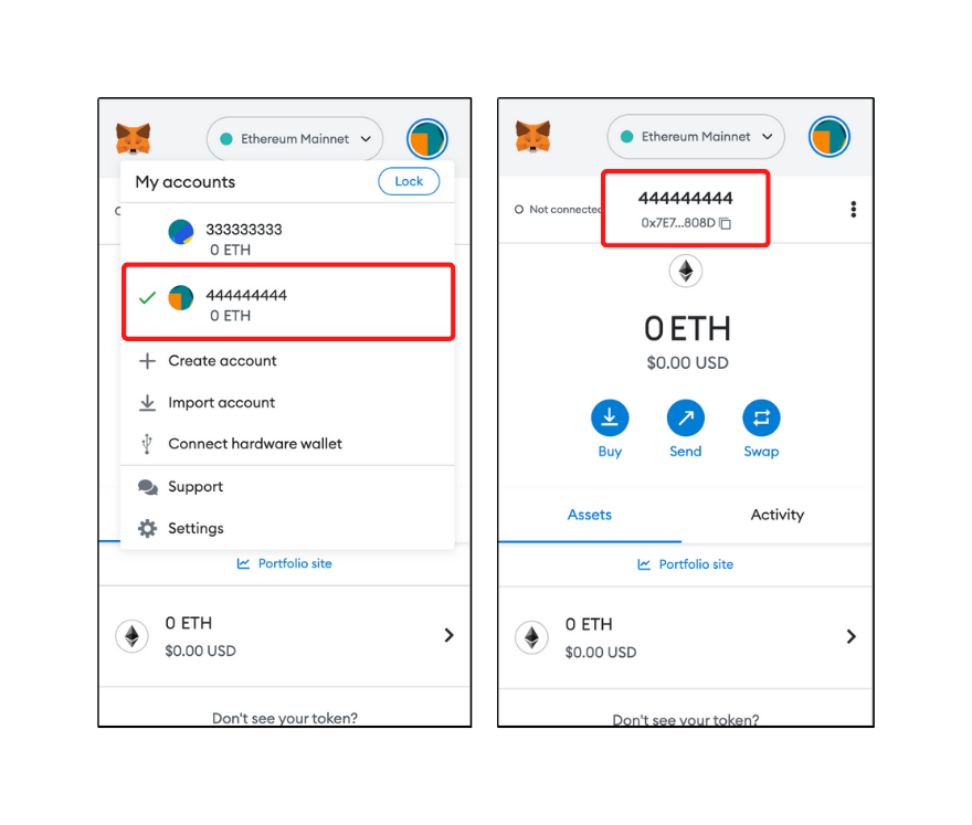 Changed account in MetaMask