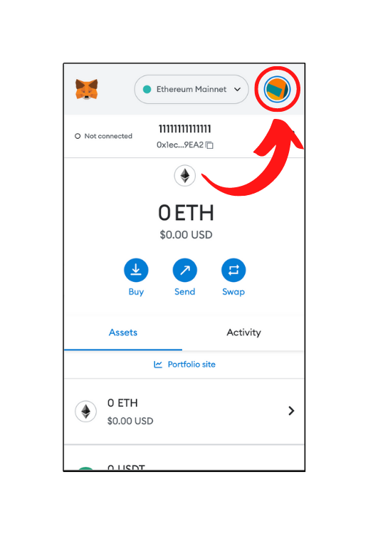 A screenshot pointing arrow towards the profile or circle at the top-right corner of Metamask
