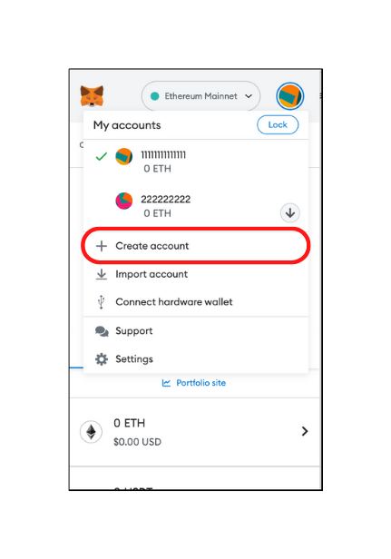 A screenshot that shows the create account button in metamask