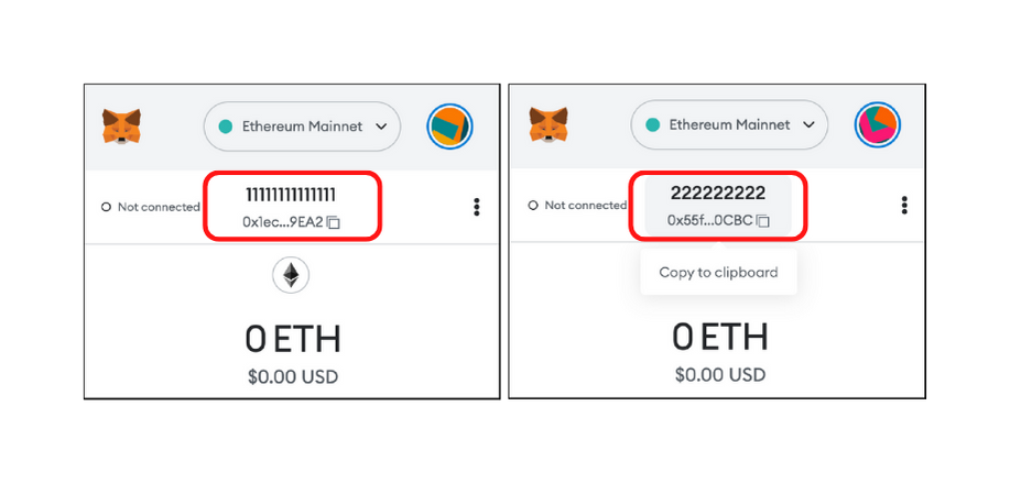 Two screenshots of different accounts in MetaMask
