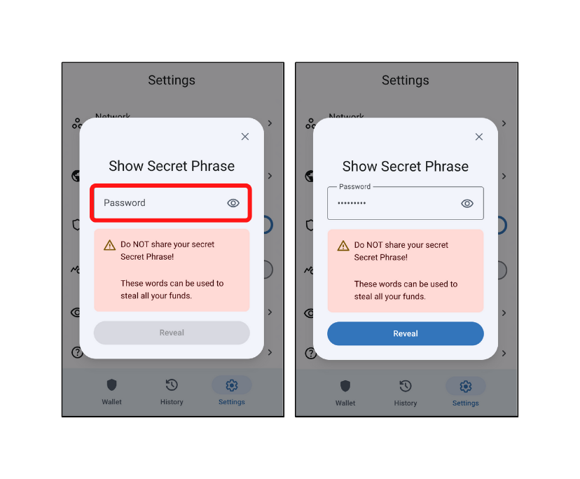 Trust wallet settings requiring password to see the secret recovery phrase and a screenshot before and after entering the password