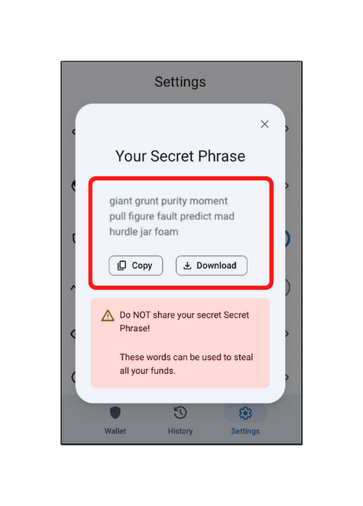 Secret recovery phrase or seed phrase in trust wallet browser extension