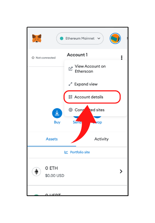Account settings in metamask focusing on the account details option