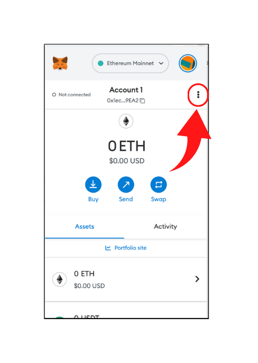 Metamask homepage screnshot focusing on the three dots that lead to account settings