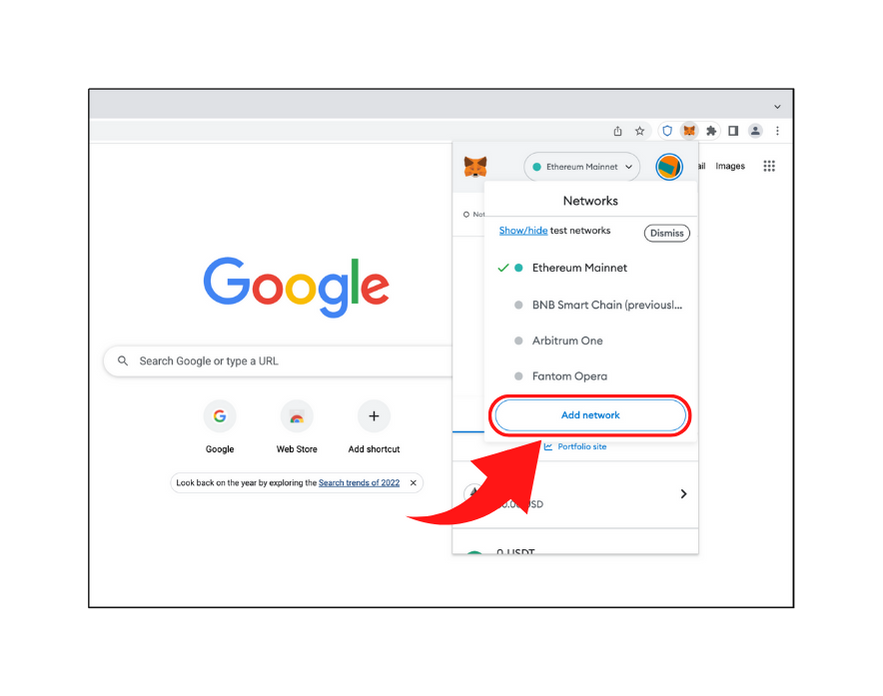Adding a new network button in Metamask extension