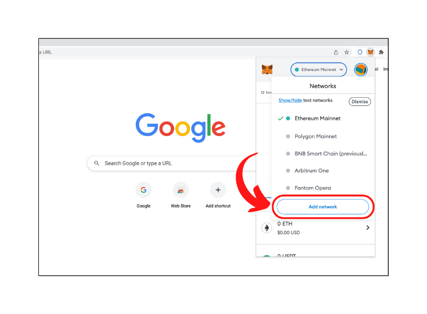 The add network button in Metamask extension below available networks