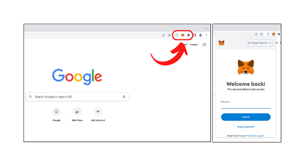 A screenshot that shows how to open Metamask browser extension