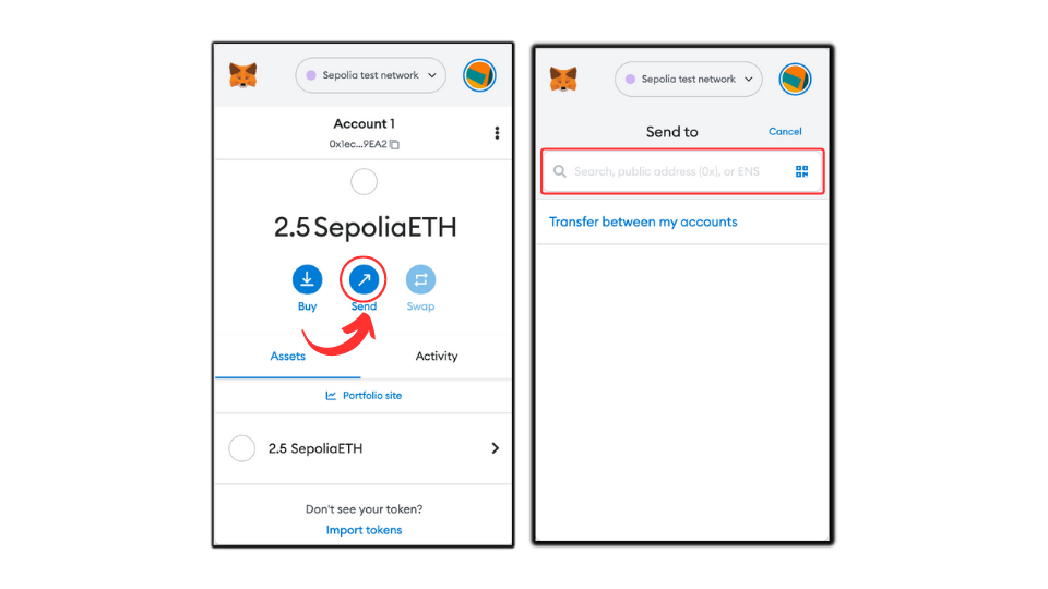 clicking the send button to transfer tokens in Metamask 