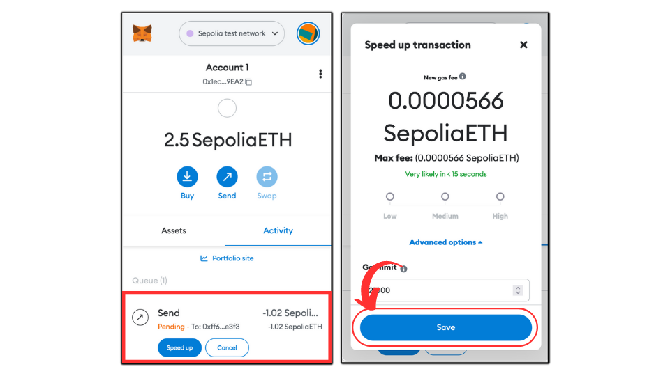 Pending transactions and speed up in Metamask