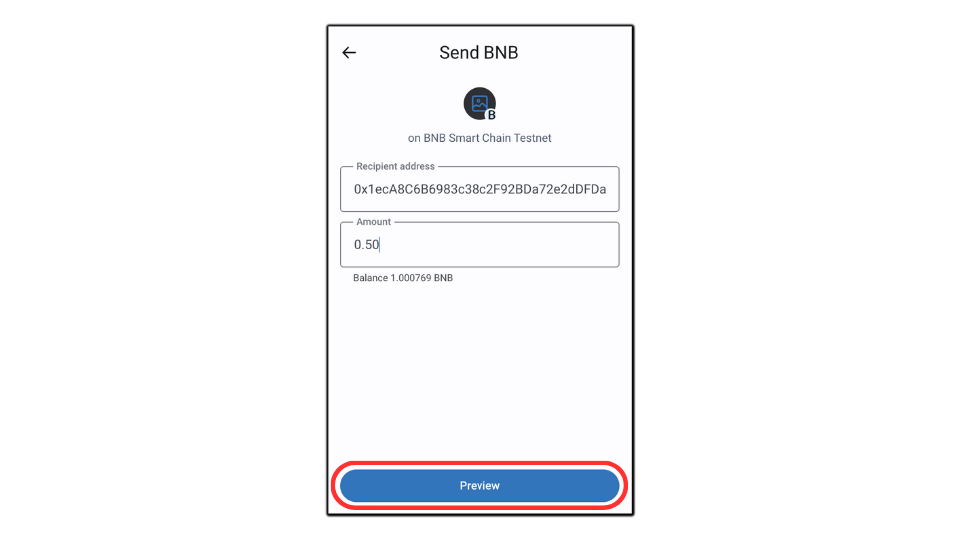 Preview button before confirming transfer of tokens in Trust wallet