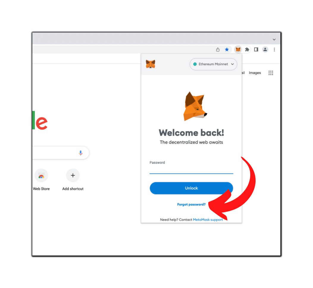 Press the forgot password button in MetaMask